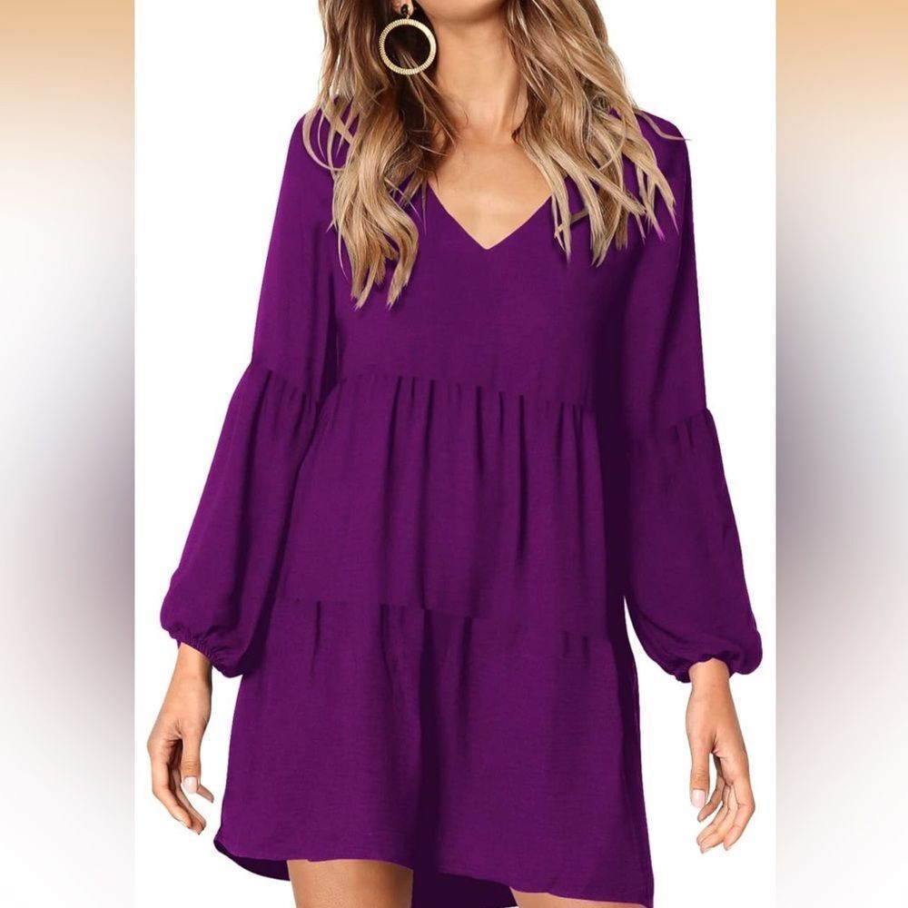 NWOT Tunic Dress Long Sleeve V Neck Casual Loose Flowy Swing Shift Dresses - Picture 2 of 7